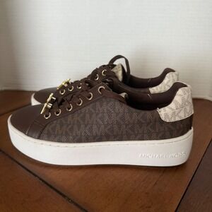 Michael Kors MK Logo Signature Brown Leather Platform Sneakers Women Size 5M